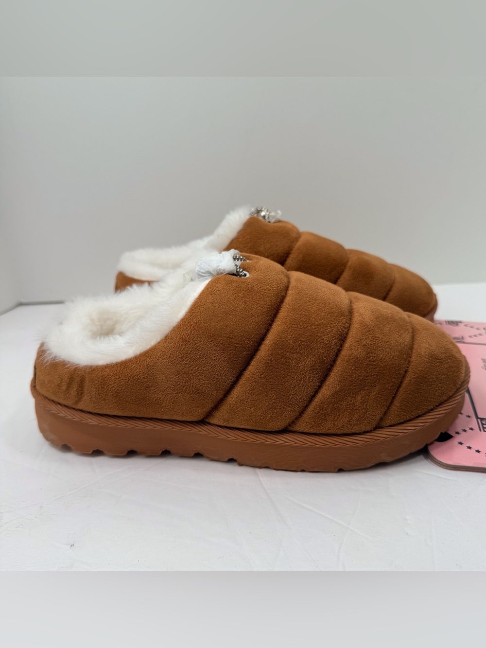 Juicy Couture Cozy Faux-Suede Brown Quilted Slip-On Slippers